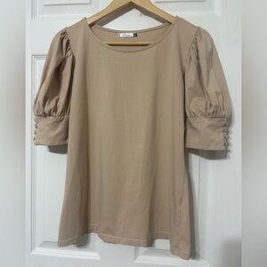 DOROSE Women’s Beige/Tan Puff Sleeve Tee Pullover Cotton Size M